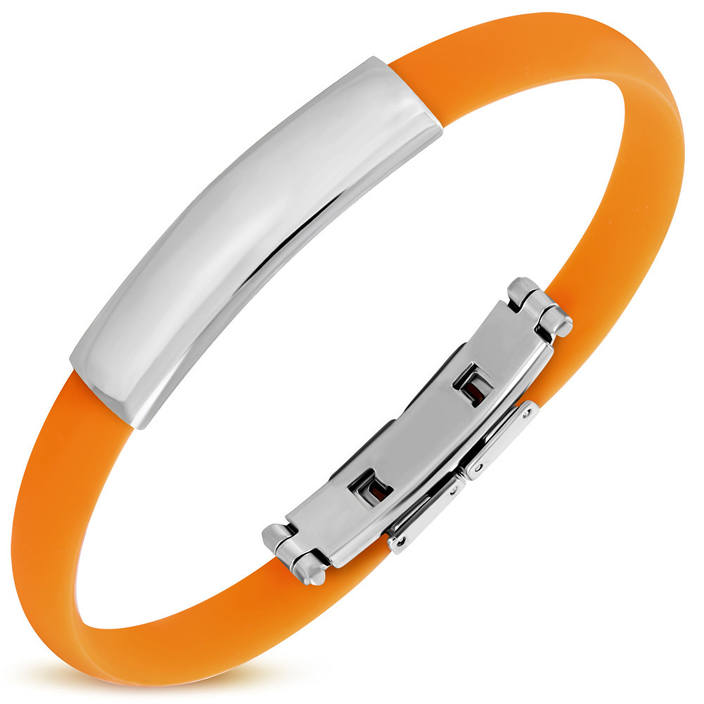 Orange rubber bracelet with Engravable Stainless Steel Plate