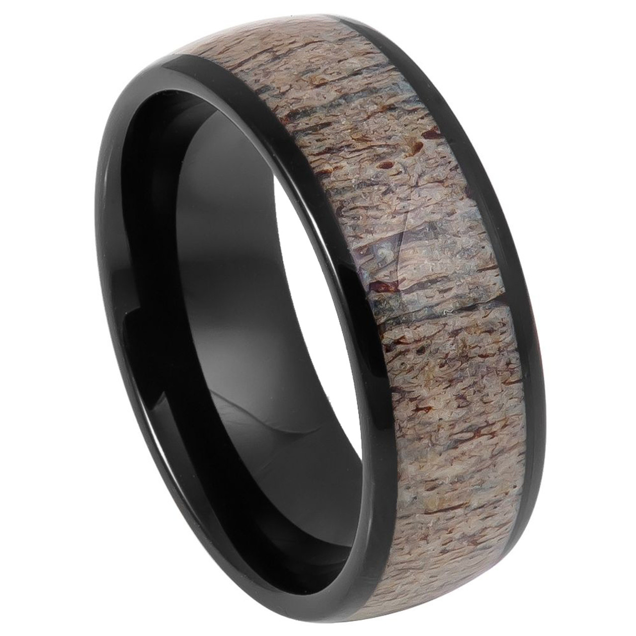 Personalized Domed Black IP Plated Real Deer Antler Inlay Tungsten Ring ...