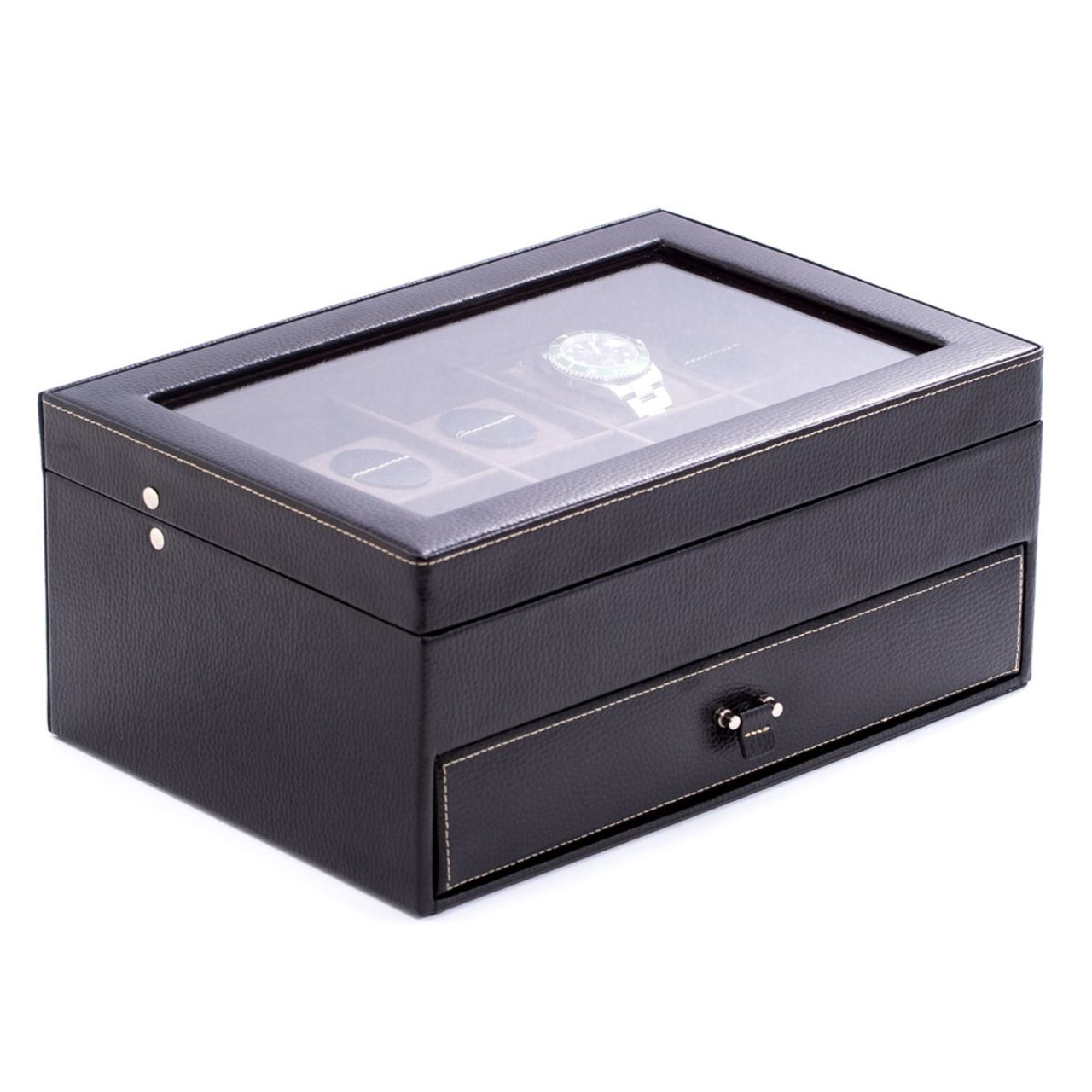 Black Leather Watch and Cufflinks Box with Glass-Top Drawer