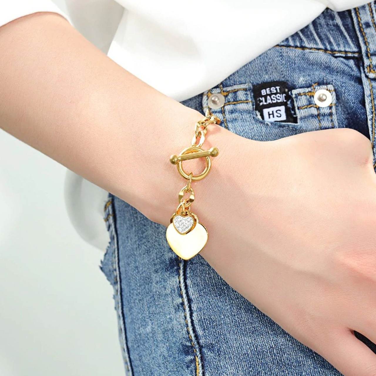 7.7 Womens Stanless Steel Love Heart Charm Beaded Chan Bracelet 7.7 Womens Stanless Steel Love Heart Charm Beaded Chan Bracelet