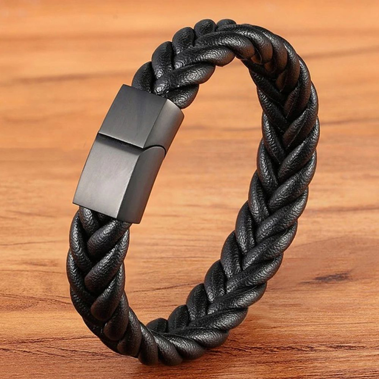 Mens Black Leather Bracelet Engraved - Fathers Day Gift 7.5 Inches