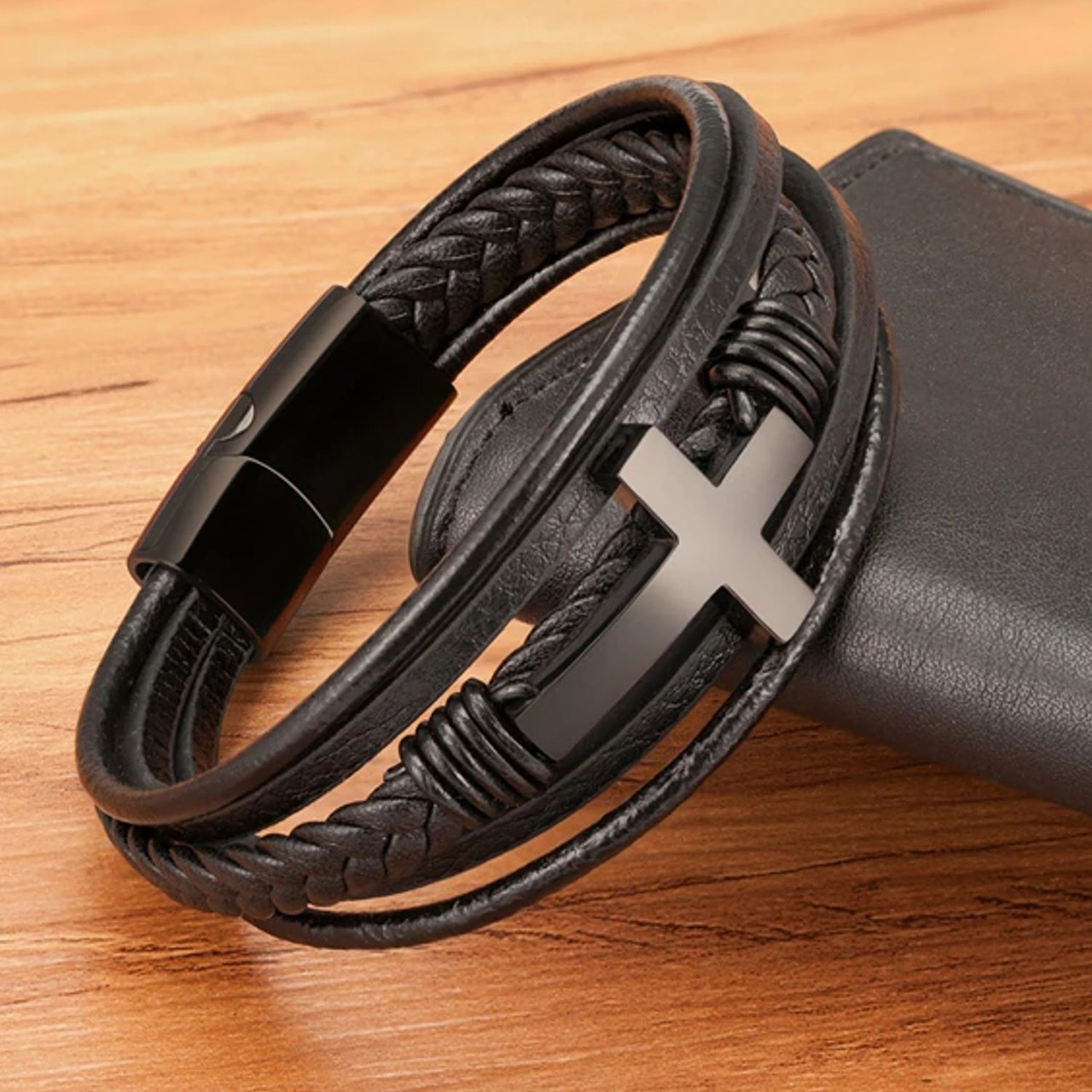 Personalized Black Cross Leather Bracelet with Magnetic Lock ...