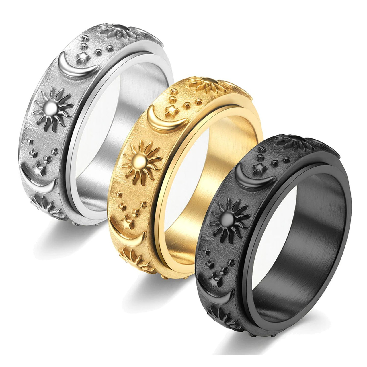 Personalized Vintage Stainless Steel Sun Moon and Star Spinner Ring