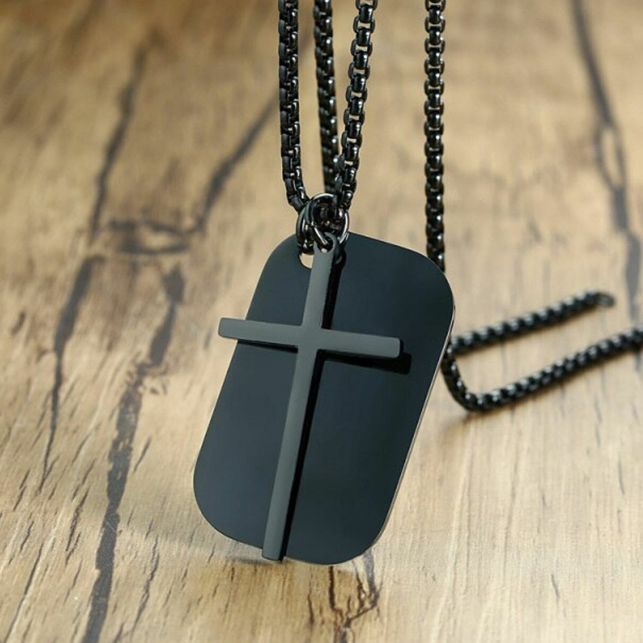Black Ip Matte Stainless Steel Studded Edge Dogtag Necklace