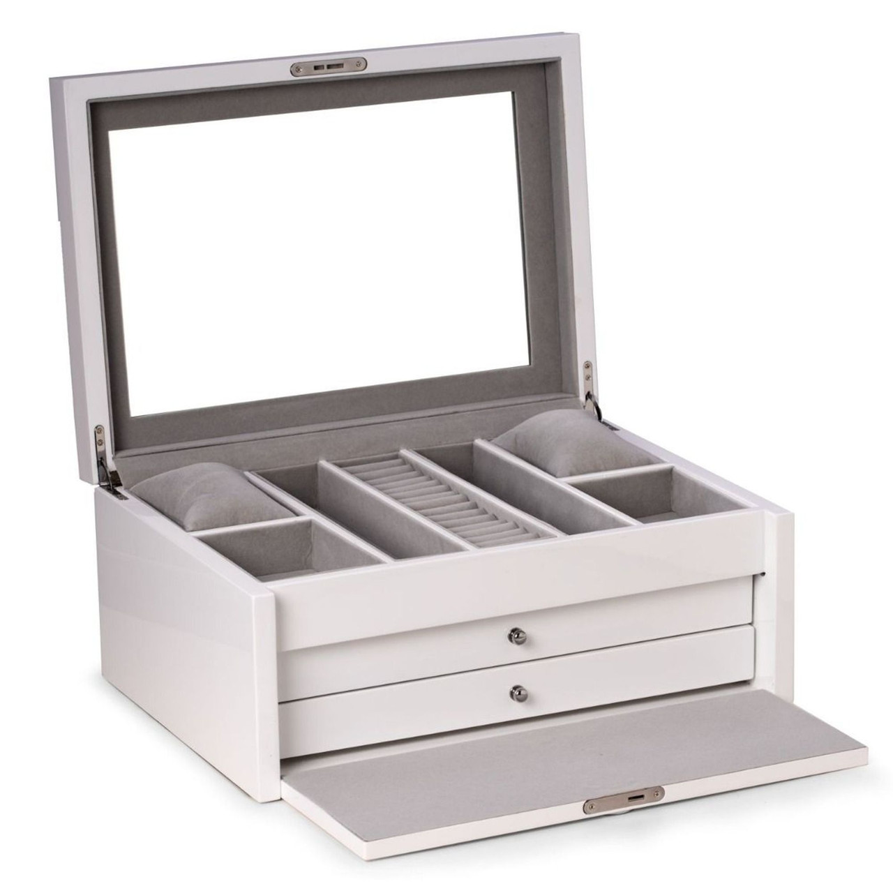 Bey-Berk Leighton White Lacquer Jewelry Chest - ForeverGifts.com