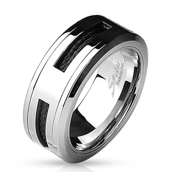  Personalized Black Cable Centered Stainless Steel Ring