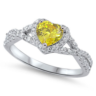 Personalized Sterling Silver with Yellow Clear Heart CZ Ring