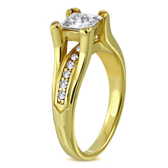 Stainless Steel Gold Color Plated Prong-Set Round Fancy Shank Comfort Fit Engagement Ring with Clear CZ