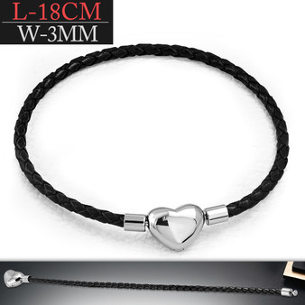3mm Braided Leather Bracelet with Stainless Steel Heart Shaped Barrel Clasp Closure