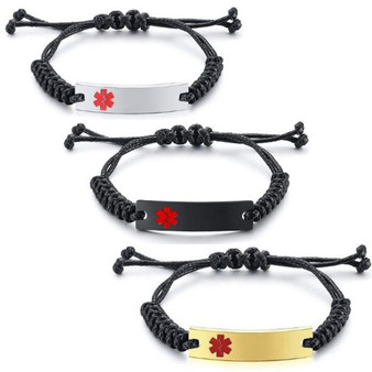 Quality Adjustable Black Braided With Stainless Steel Medical Alert ID Bracelet 