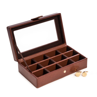 Personalized Leather 12 Cufflink Box with Glass Top and Snap Closure