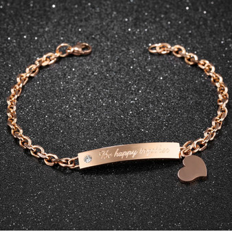 Personalized Stainless Steel "Be happy together" Rose Gold Plated ID Bracelet 