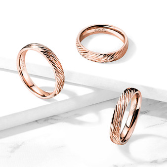 Quality Personalized 4mm Stainless Steel Rose Gold Diagonal Deep Cuts Dome Band Ring 