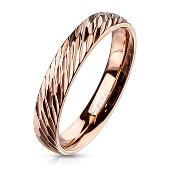 Quality Personalized 4mm Stainless Steel Rose Gold Diagonal Deep Cuts Dome Band Ring 