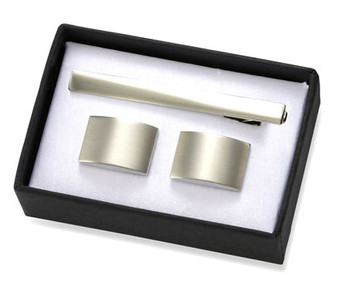 Brushed Silver Rectangular Brass Cuff Links with Matching Tie Bar