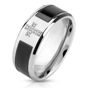 Black Strip Center with CZ Cross Stainless Steel Ring