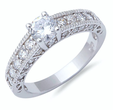 Sterling Silver with Round and Micro Pave CZ Engagement Ring