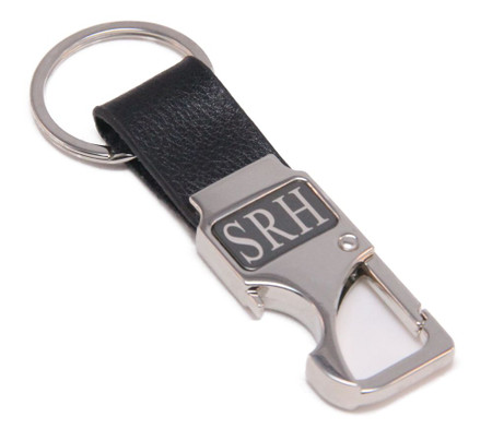 Personalized Bottle Opener Keychain with Black Leatherette