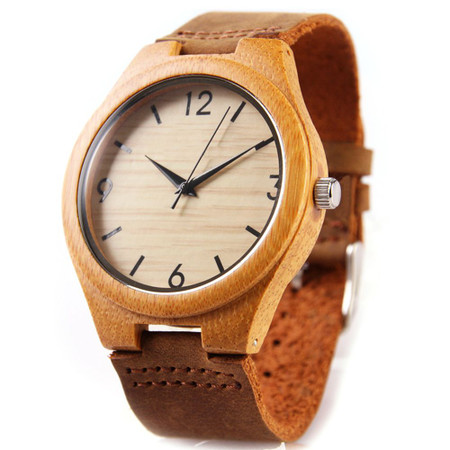  Personalized Bamboo Wood Watch with Genuine Brown Leather