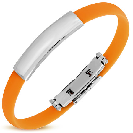 Personalized Quality Orange Color Rubber  Bracelet with Stainless Steel Plate- Free Engraving 