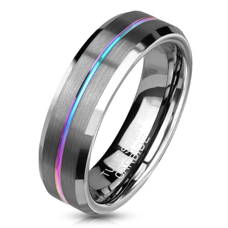 Personalized 6mm Brushed Finish Rainbow Groove Beveled Edges Tungsten Carbide Ring 