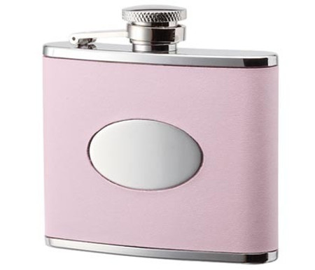 4 oz. Pink Leather Wrapped with Oval Convex Stainless Steel Flask
