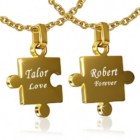Personalized Stainless Steel Gold Color 2-Part Jigsaw Couple Pendant