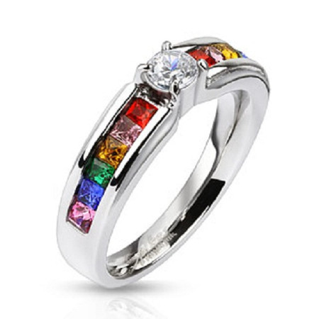 Stainless Steel Clear Center Gem with Rainbow CZs Band Ring