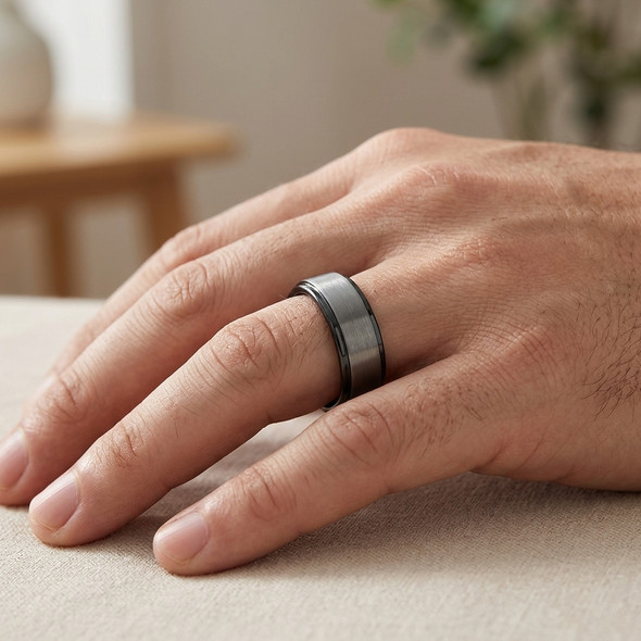 8mm Two Tone Black IP & Gun Metal Brushed Center Tungsten Ring