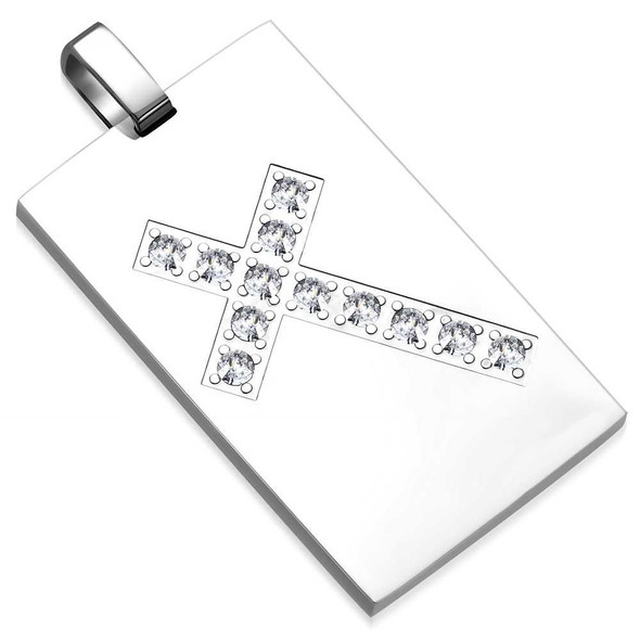 Stainless Steel Pave-Set Cross Tag Pendant With Clear CZ