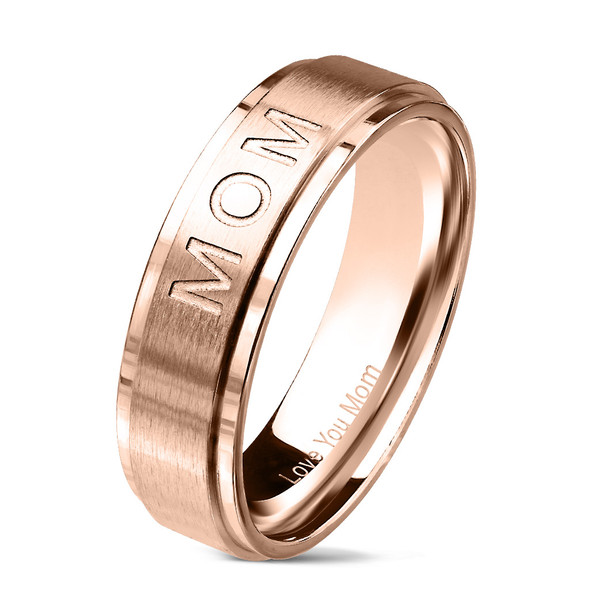 " MOM" Deep Cut Center and "Love You Mom" Engraved Inside of Ring Stepped Edges Stainless Steel Rose Gold Color Ring