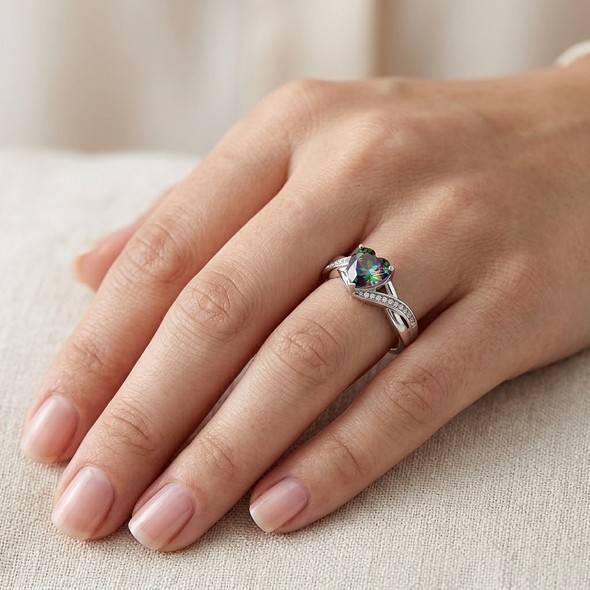 Personalized Sterling Silver Rainbow Topaz Heart CZ Ring