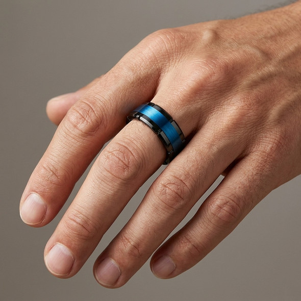 8mm Brushed Center Black & Blue IP Plated Tungsten Ring