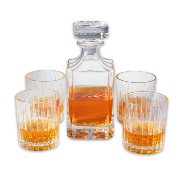 Cherry Wood Serving Tray with 1 Crystal Decanter & 4 Crystal Whiskey Glasses Cherry Wood Serving Tray with 1 Crystal Decanter & 4 Crystal Whiskey Glasses