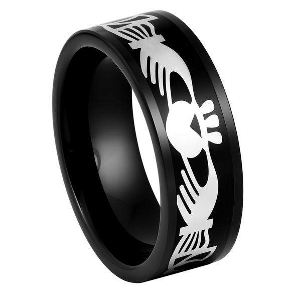 8mm Black IP Plated Claddagh Inlay Tungsten Ring – Free Engraving 8mm Black IP Plated Claddagh Inlay Tungsten Ring – Free Engraving