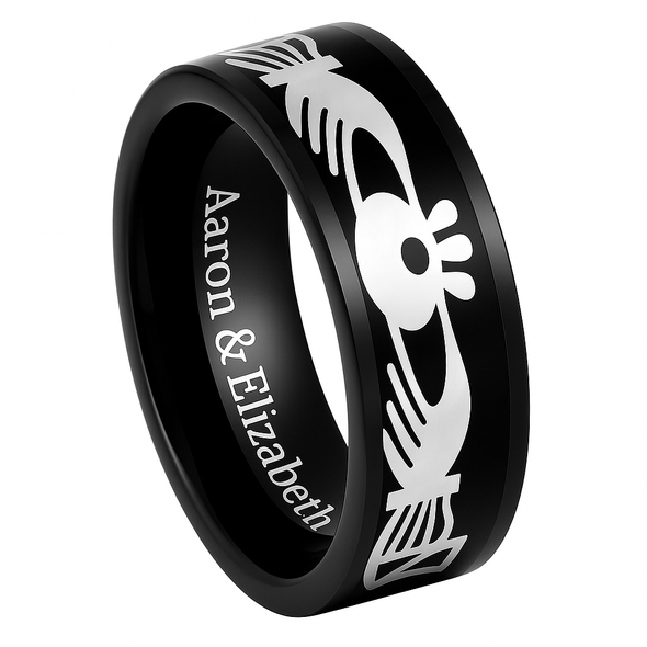 8mm Black IP Plated Claddagh Inlay Tungsten Ring – Free Engraving 8mm Black IP Plated Claddagh Inlay Tungsten Ring – Free Engraving