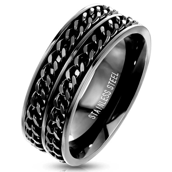 Black Double Chain Stainless Steel Spinner Ring