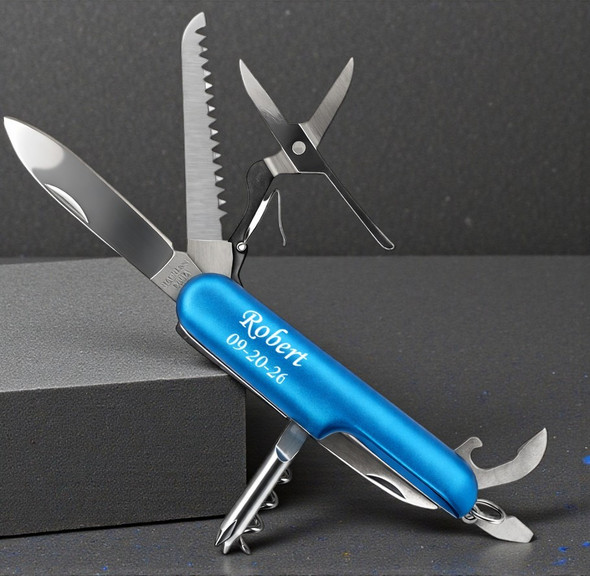 Personalized Blue Stainless Steel Multi-Tool Pocket Tool – Engraved Swiss-Style Utility with Scissors, Saw & Bottle Opener
