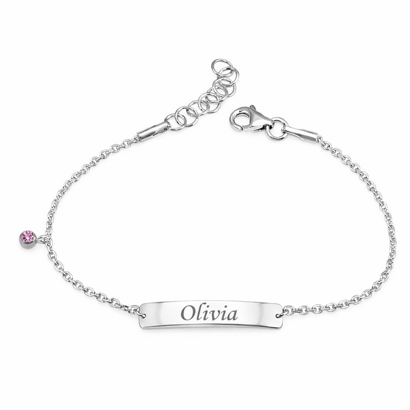 Personalized Rhodium Plated 925 Sterling Silver Pink CZ Baby ID Bracelet – Custom Engraved Infant
