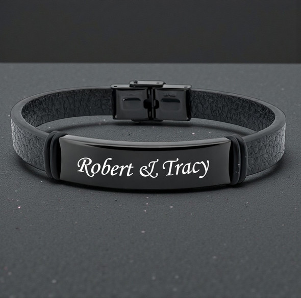 Personalized Black PU Leather ID Bracelet for Men – Custom Engraved Stainless Steel Plate