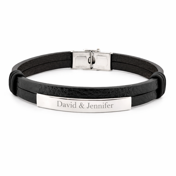 Personalized Quality Two-Layer Black Leather ID Bracelet with Stainless Steel ID Plate