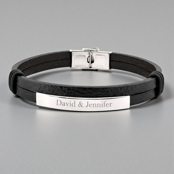 Personalized Quality Two-Layer Black Leather ID Bracelet with Stainless Steel ID Plate