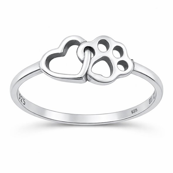 925 Sterling Silver Heart & Paw Print Ring – Pet Lover Jewelry Gift