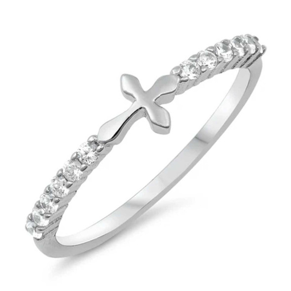 Sterling Silver Cross Ring with Cubic Zirconia Accents