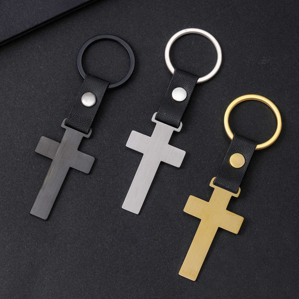 Personalized Stainless Steel Cross Keychain with Leather Strap