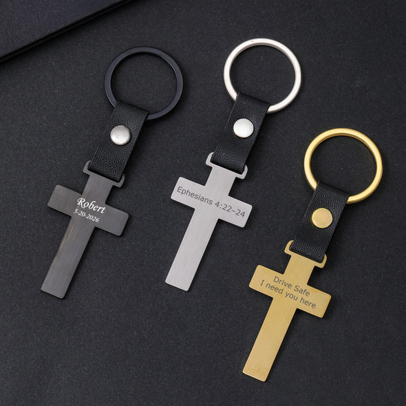 Personalized Stainless Steel Cross Keychain with Leather Strap