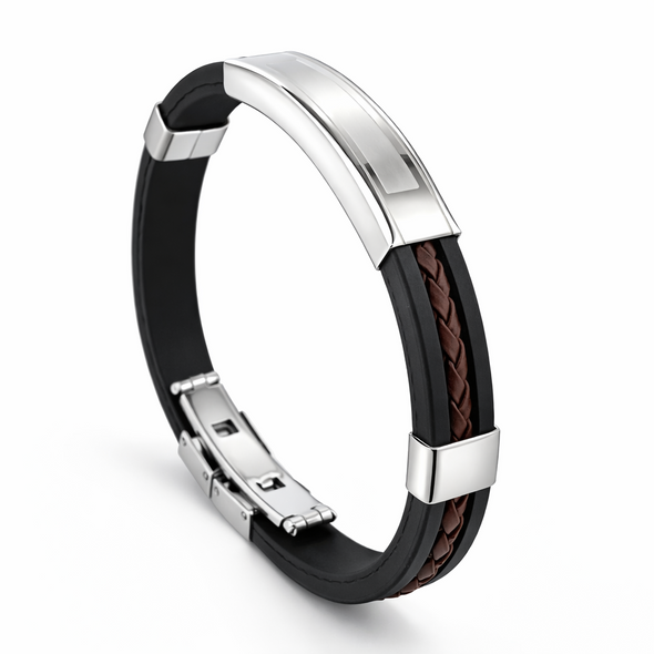Personalized Men’s Stainless Steel & Leather Bracelet – Engraved Modern Gift for Him