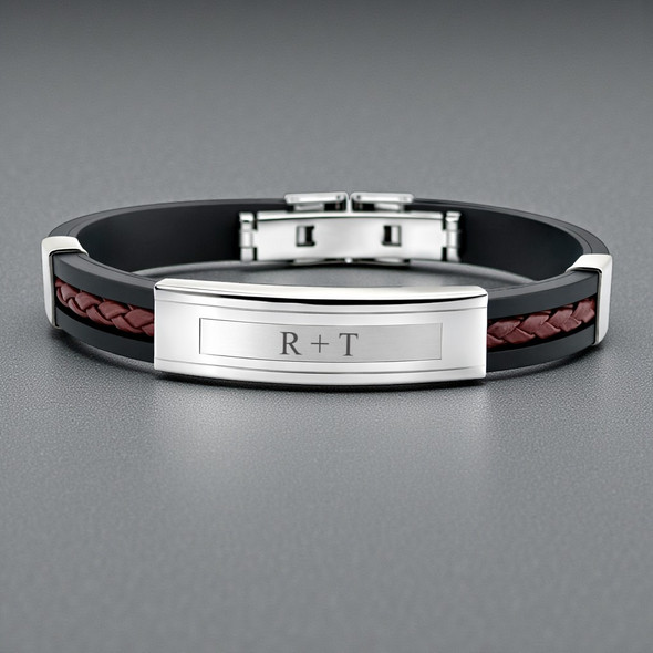 Personalized Men’s Stainless Steel & Leather Bracelet – Engraved Modern Gift for Him