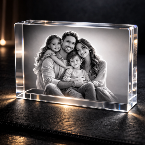 Personalized 3D Photo Crystal Rectangle – Custom Laser Engraved Family Keepsake Gift