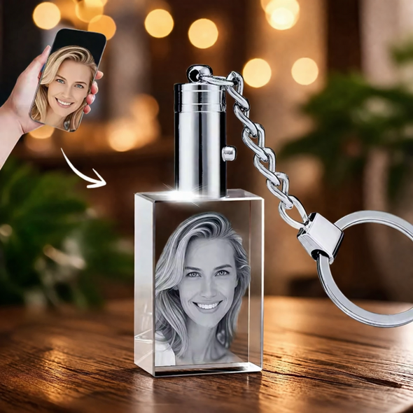 Personalized 3D Crystal Photo Keychain with LED Light – Custom Engraved Picture